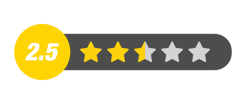 2.5 star rating PNG with transparent background, average feedback bar on dark UI background with half star and numeric label