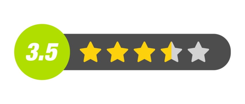 3.5 star rating PNG with transparent background, dark UI review capsule with numeric badge for mid-high product score and feedback