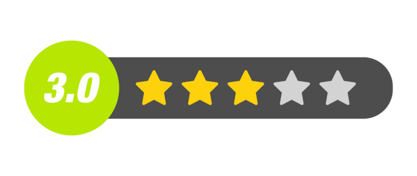 3.0 star rating PNG with transparent background, mid-level product rating bar with dark background and numeric badge for UI feedback