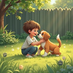 Joyful Child Playing with Adorable Puppy in Lush Green Backyard on a Sunny Day with Trees and Grass Surrounding Them