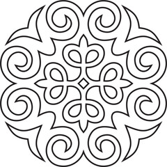 Vector black contour Kazakh national ornament. Ethnic pattern of the peoples of the Great Steppe,