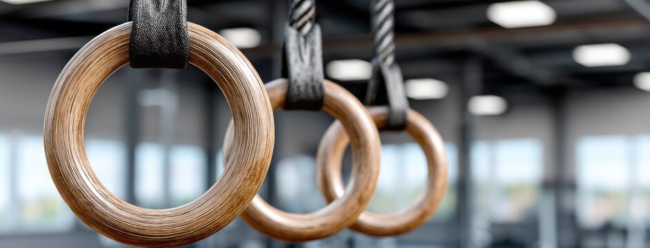 Wooden gym rings hanging in a bright fitness studio for workout routines and strength training exercises - Powered by Adobe