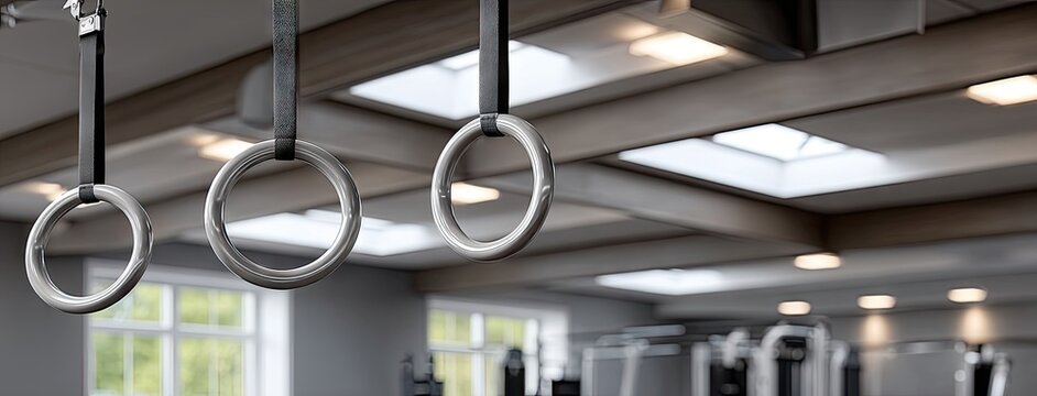 Gymnastics rings hanging in a bright and spacious gym with natural light filtering through skylights during the daytime workout session - Powered by Adobe