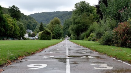 Wet running track beside green grass and trees in a public park on a cloudy day
