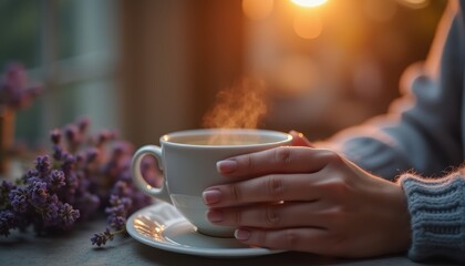 Warm and Inviting Moment of Coffee Enjoyment with Soft Sunrise Light and Beautiful Floral Arrangement in a Cozy Atmosphere