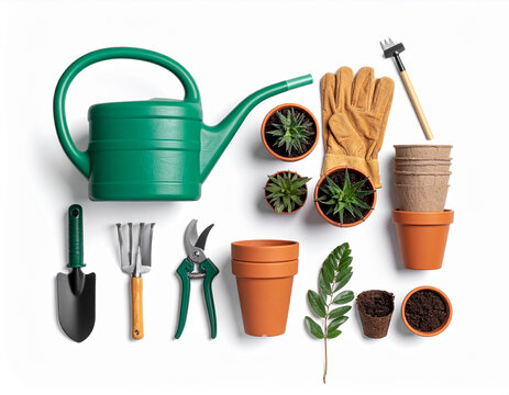 Get ready for spring with these gardening essentials on white, perfect for garden center ads and spring planting
