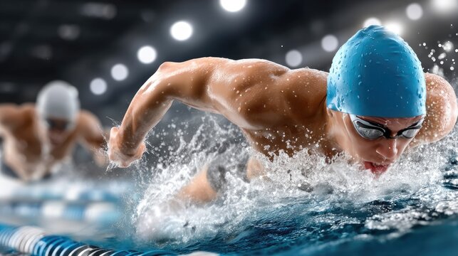 Competitive swimmers dive into the pool during an intense race, showcasing speed and determination in an indoor sports facility