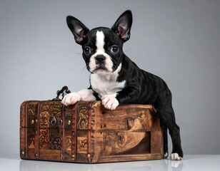 Boston Terrier puppy on antique wooden chest