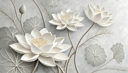 3d wallpaper of white lotus flowers with leaves on a gray background