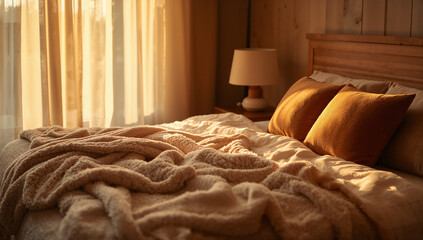 Cozy Bedroom Bathed in Warm Morning Light and Textures