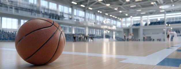 Basketball rests on court floor in indoor gym filled with players practicing during mid-afternoon training session