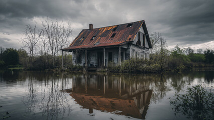 Obraz premium Abandoned House Surrounded by Water in Overcast Skies