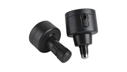 Two black cylindrical devices, angled, showing details of their design