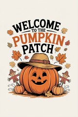 Welcoming Autumn: Smiling Pumpkin with Hat, Scarecrows, and Fall