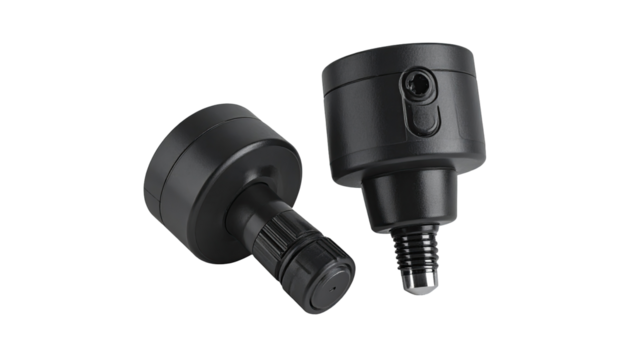 Two black cylindrical devices, angled, showing details of their design