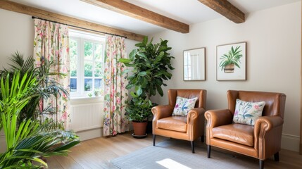 Cozy Living Room with Leather Chairs and Lush Indoor Plants