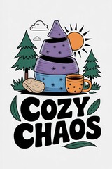 Whimsical Forest Scene with Stacked Vessels, Coffee, and "Cozy C