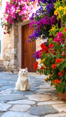 White cat amidst vibrant flowers in a quaint alley