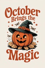 Whimsical Halloween Pumpkin with Witch Hat and Dragonflies, Octo