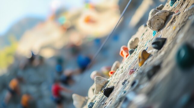 Man climbing on rock wall. A rock climbing competition in the cup . Traditional climbing techniques with a depth of field aspect 16:9. A person scaling a rocky wall lifestyle.