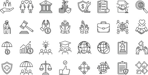 A versatile collection of minimalist line icons representing core concepts in business, finance, social responsibility, technology, and law, ideal for modern digital projects and educational content