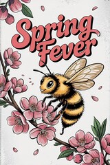 Whimsical Illustration of a Bee with Spring Fever Amidst Cherry