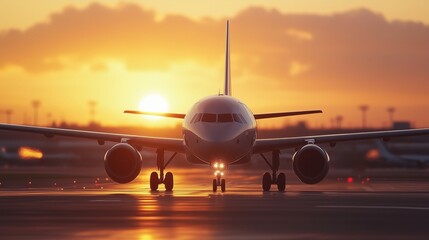 An airplane on runway at sunset. Airplanes on the tarmac at the airport at sunset. Passengers travel on a plane in the air. A plane on the runway during sunset lifestyle.