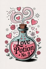 Whimsical Love Potion No. 9 Illustration with Pink Hearts, Flowe