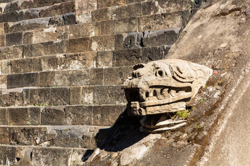 Teotihuacan, Mexico - 1 December 2022: Decorations and stone carvings of pyramids of Teotihuacan 