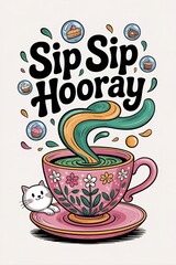Whimsical Tea Party: Floral Cup, Playful Cat, and Floating Cupca