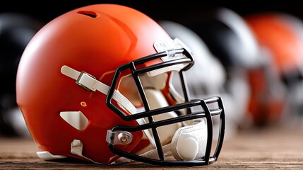 Cleveland football helmet displayed on wooden surface with blurred team helmets in background during indoor sport event preparation