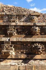 Teotihuacan, Mexico - 1 December 2022: Decorations and stone carvings of pyramids of Teotihuacan 