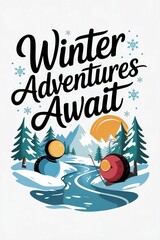 Whimsical Winter Landscape with Snowball Characters and Mountain