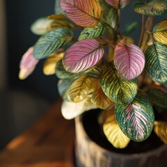 Vibrant Variegated Plant, Close-up Display of Exotic Foliage.