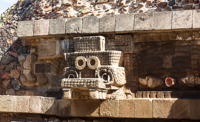 Teotihuacan, Mexico - 1 December 2022: Decorations and stone carvings of pyramids of Teotihuacan 