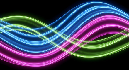 Abstract flowing waves of vibrant neon light in blue pink and green create a dynamic and energetic visual on a dark background
