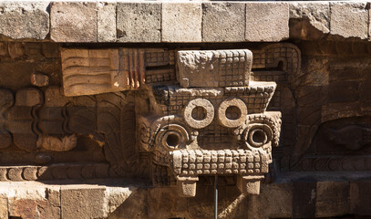 Teotihuacan, Mexico - 1 December 2022: Decorations and stone carvings of pyramids of Teotihuacan 