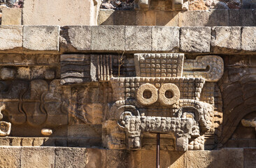 Teotihuacan, Mexico - 1 December 2022: Decorations and stone carvings of pyramids of Teotihuacan 