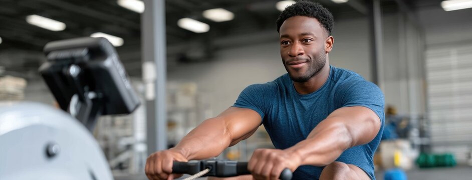 Man exercises on rowing machine in modern gym showcasing strength and focus during workout session in bright, spacious environment