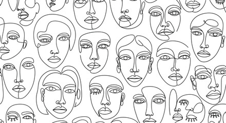 Abstract minimalist black and white line art faces pattern