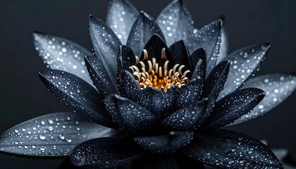 Close-up of a dark-hued lotus flower with water droplets