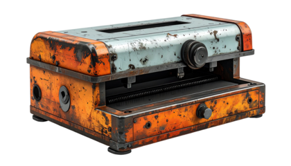 Rusted boxy device with vibrant orange and muted blue paint