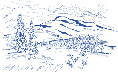 Hand drawn ink vector illustration. Christmas winter time themed. Winter snow landscape 