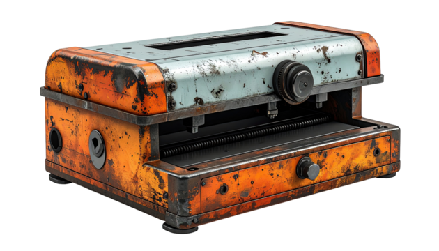 Rusted boxy device with vibrant orange and muted blue paint