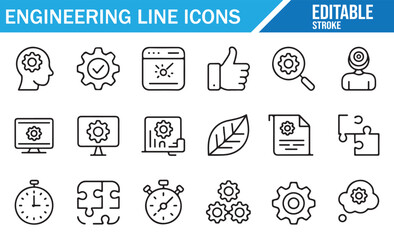 Editable stroke outline engineering icons with gears, process, stopwatch, and innovation tools