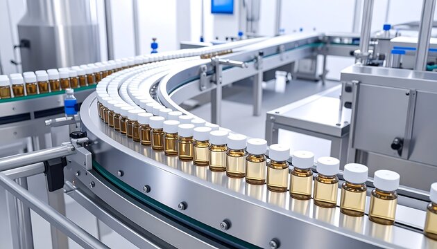 Automated production line carries vials along a curved track. Clean, sterile environment. Glass containers filled with amber liquid - Powered by Adobe