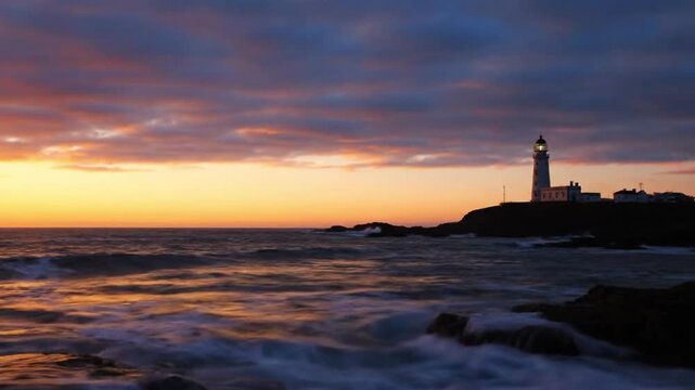 Breathtaking sunset illuminating a historic lighthouse on a dramatic rugged coastline with powerful ocean waves crashing against the rocks during golden hour tw