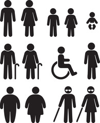 Bathroom and medical people symbols. People silhouette icon set. Bathroom gender signs and health conditions symbols. Adults and children, senior and disabled. Medical or navigation pictograms.
