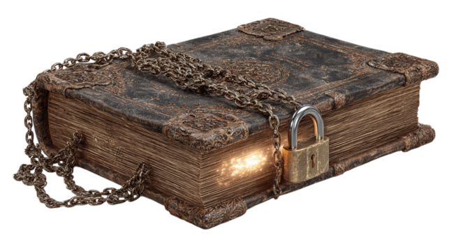 Antique book with lock and chain isolated on transparent background