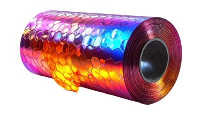Rolled iridescent material with a hexagonal pattern